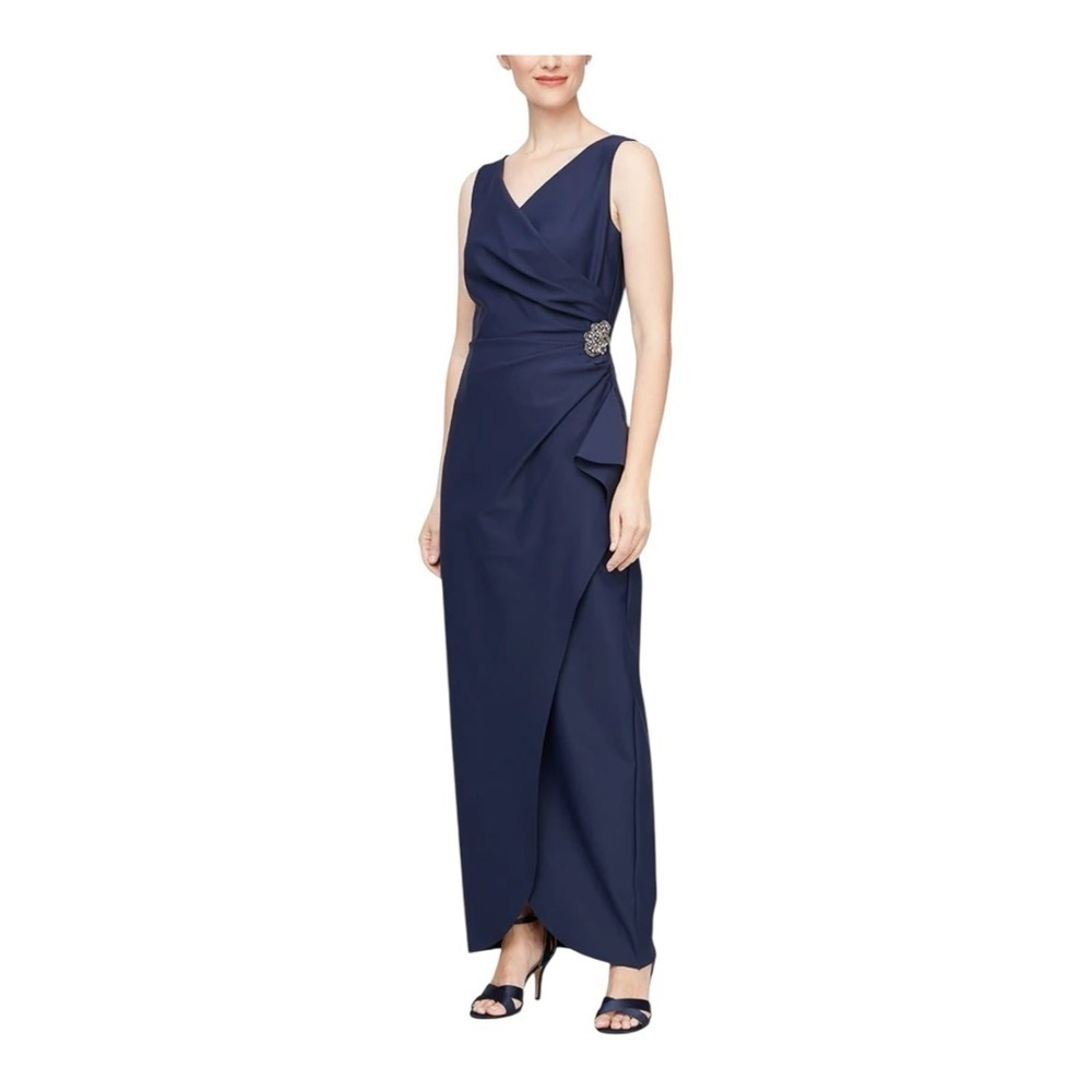 Alex Evenings Long Sleeveless Compression Sheath Gown in Navy NWT
